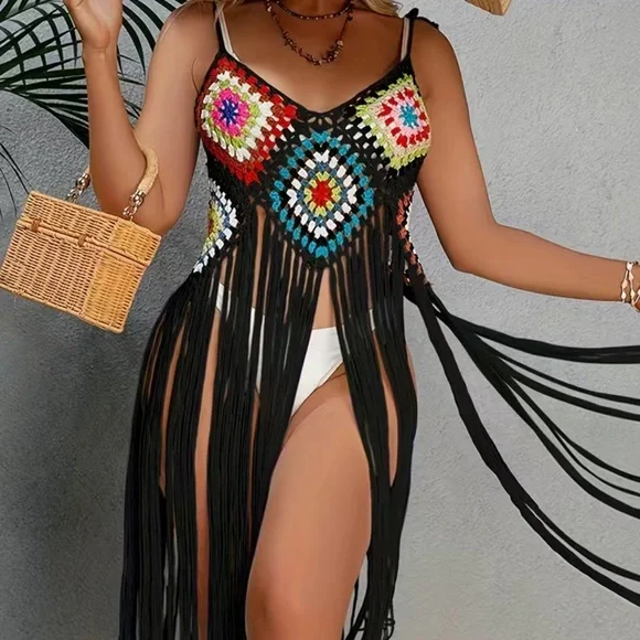 NWT 🏖️ BLACK CROCHETED FRINGED SWIM COVER-UP COLOR BLOCK BEACH DRESS One Size - Picture 3 of 10